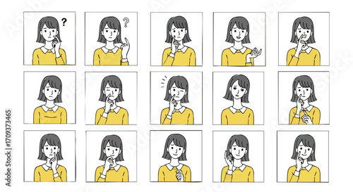 Diverse emotions of a young woman, showing her thinking, questioning, and expressing various feelings