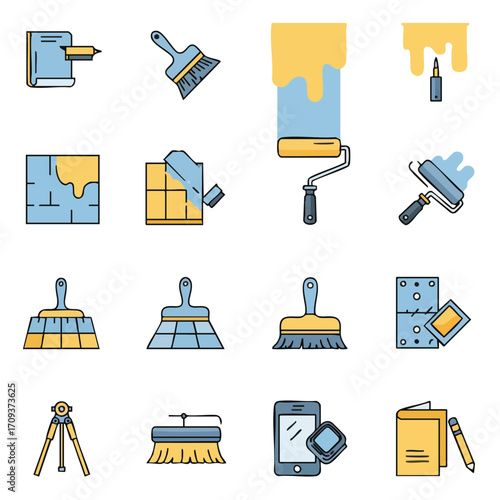 A comprehensive vector icon set featuring essential tools and processes for home renovation, construction, and interior design, perfect for modern digital projects.