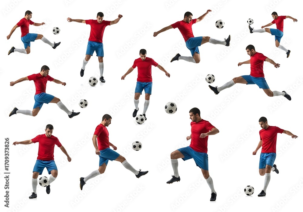 Fototapeta premium Dynamic Soccer Player in Red Jersey Demonstrates Various Kicking and Ball Control Techniques