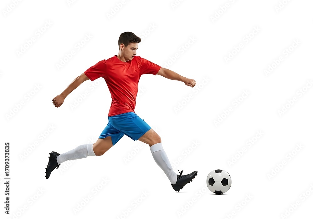 Obraz premium Dynamic Soccer Player Kicking a Ball Against a White Background