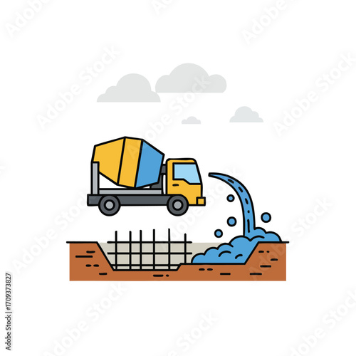An engaging illustration captures a concrete mixer truck pouring fresh cement into a prepared building foundation featuring rebar, highlighting crucial construction work.