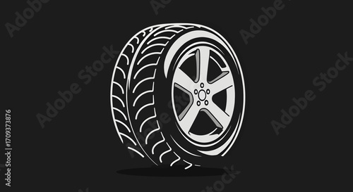 Close-up view of a monochrome tire and rim illustration.