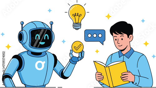 Robot assistant helps a student with his studies isolated on white background