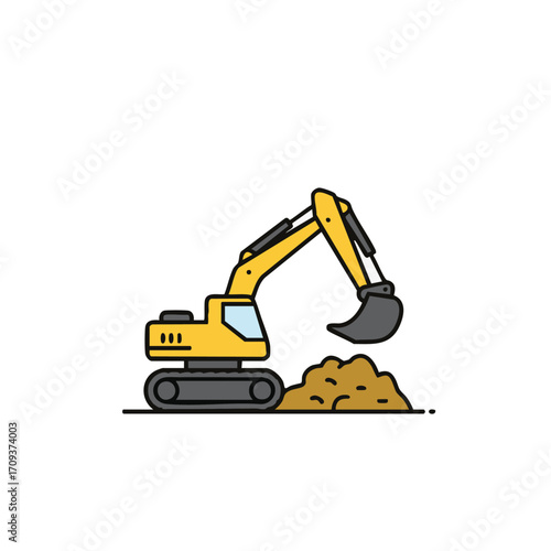 A vibrant yellow excavator, depicted in a clean flat design style, actively digs a pile of brown earth, symbolizing construction and heavy machinery work.