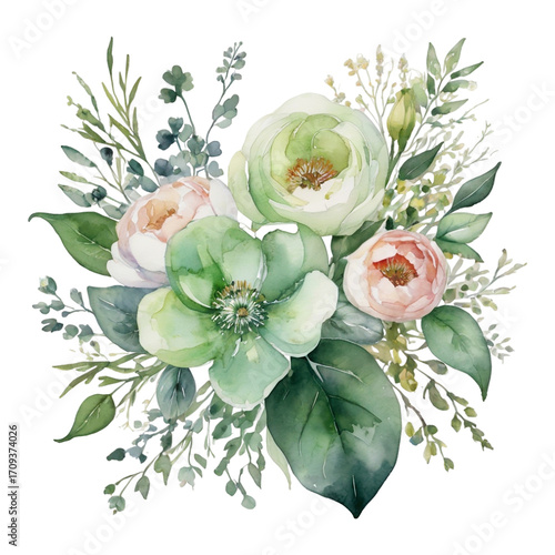 Soft watercolor bouquet of green, pink, and peach flowers and leaves floral