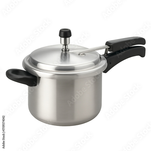 Stainless steel pressure cooker — isolated PNG on transparent background, lid with regulator and safety valve
