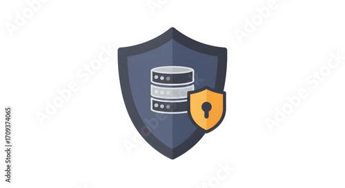 A flat design icon illustrating database security, featuring a server stack protected by a shield and a lock.