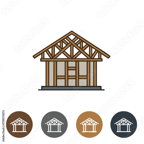 An illustrative icon clearly showing the wooden framework, roof trusses of a house under construction, representing new home building, architecture, structural design.