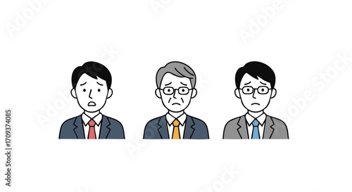 Business downturn affecting workforce morale with worried employees in suits and ties on white backdrop