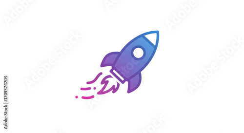 Illustration of a rocket ship taking off, with a gradient color scheme and a white background.