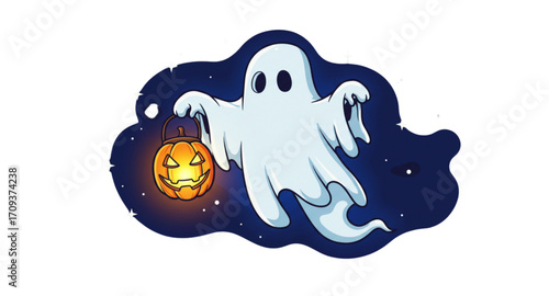 The ghost flies by carrying a pumpkin lamp
