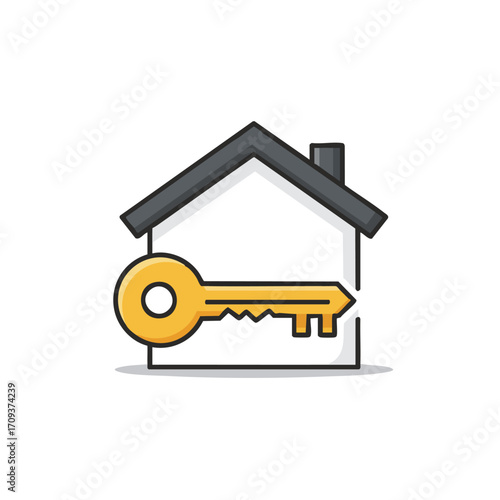 A charming doodle illustration depicts a golden key passing through a simple white house icon, symbolizing home ownership, property access, and real estate security.