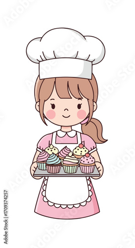 Cartoon Baker Holding Tray of Cupcakes.