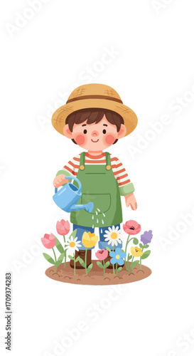 Little Gardener Watering Flowers Illustration.