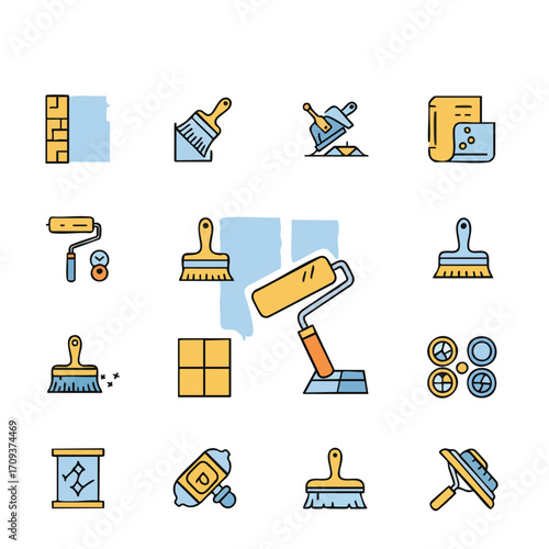 A comprehensive set of vibrant flat design icons depicting essential tools and materials for modern home improvement, construction, and interior renovation projects.