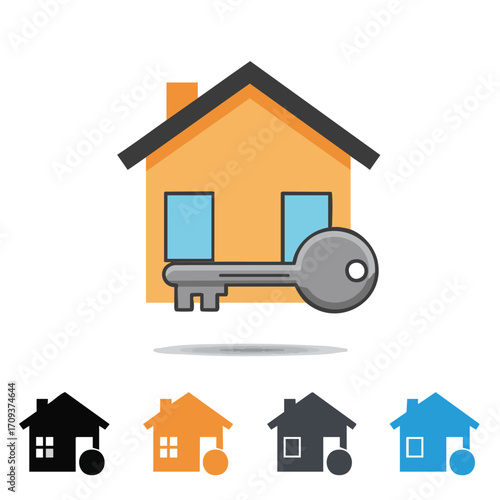 A clean vector illustration depicting a house icon with a prominent silver key, symbolizing property ownership, real estate, and secure home access.
