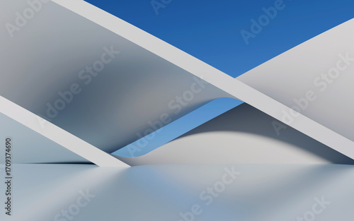 White abstract architecture background, 3d rendering. minimalist, futuristic architectural design with an empty space. Blue Sky, Abstract Geometric Shapes, Bright Light, Creative Background