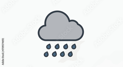 A simple, stylized illustration of a gray rain cloud with several dark blue raindrops falling from it against a white background.