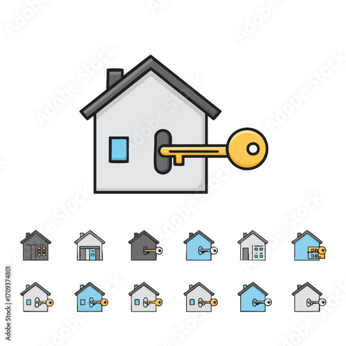 A diverse set of simple vector icons depicting houses and keys, representing concepts such as property access, home security, and real estate solutions.