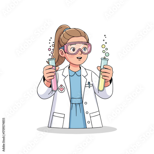 Cartoon girl scientist conducting a chemical experiment in a lab coat.