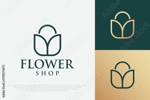 Beauty store logo design with flower and bag concept vector illustration