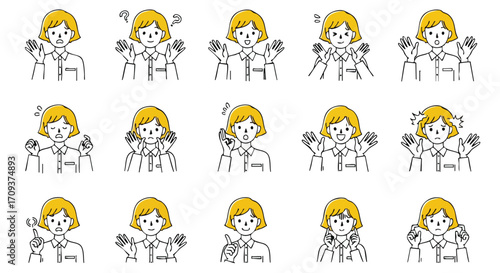 A collection of illustrated young women displaying various emotional expressions and hand gestures.