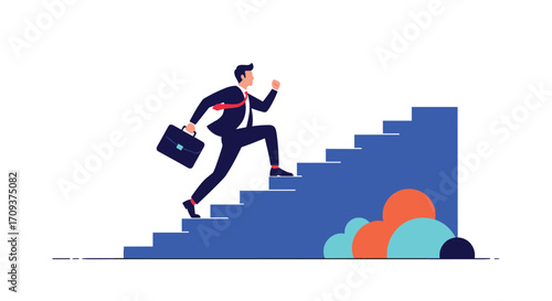A businessman climbing up the stairs towards his success and future goals.