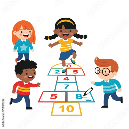 Children Playing Hopscotch Having Fun.