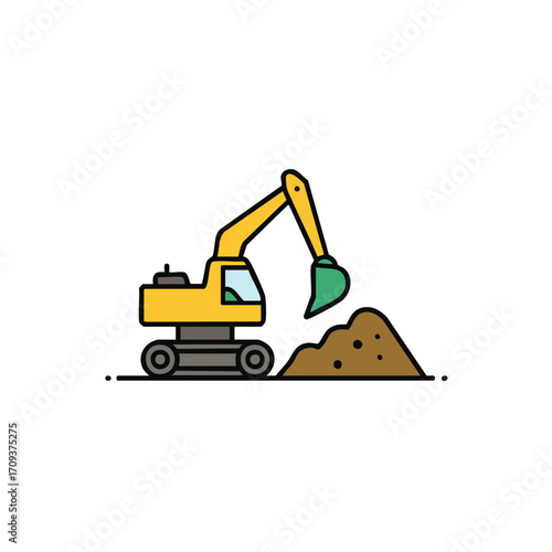 A vibrant yellow excavator icon demonstrates earthmoving operations, symbolizing construction, development, and heavy machinery work on a clean white background.