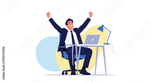 A happy businessman celebrating his success with raised arms while sitting at his desk with a laptop and lamp.