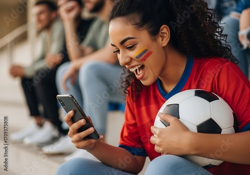 Excited Soccer Fan Celebrates Victory with Phone and Ball, Face Painted