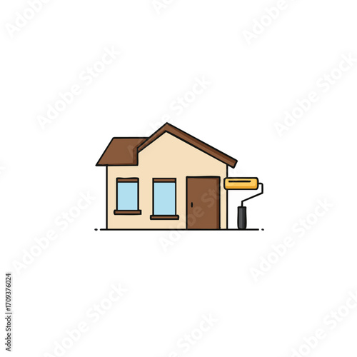 A crisp vector illustration features a simple house with a paint roller, symbolizing home improvement, property renovation, and residential painting projects.