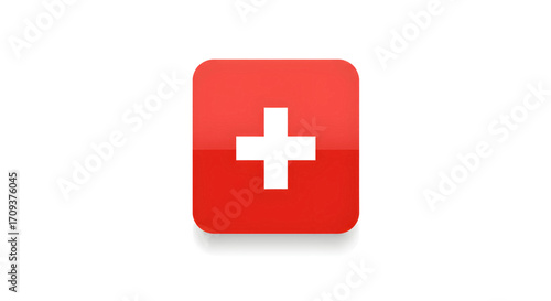 A minimalist red square icon with rounded corners featuring a prominent white cross in the center, set against a plain white background.