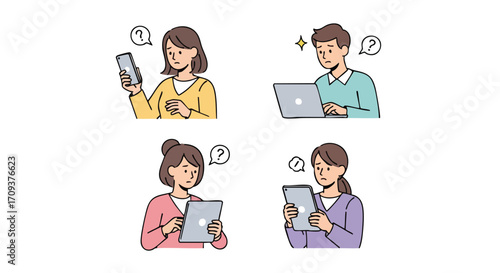 Four illustrations of people using electronic devices, appearing confused and uncertain about something.