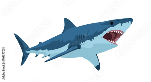A powerful and predatory great white shark in its natural ocean habitat hunting for prey with its jaws open wide.
