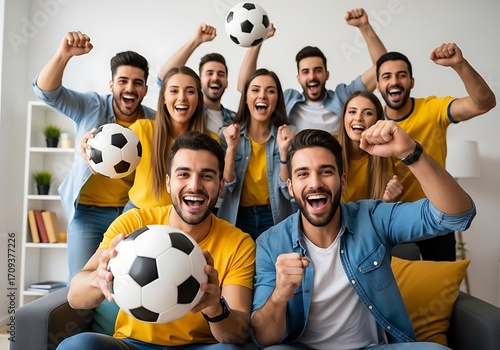 Joyful Group of Soccer Fans Celebrating Victory with Footballs