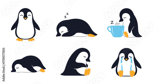 Adorable cartoon penguins expressing various emotions and actions like sleeping and drinking coffee.