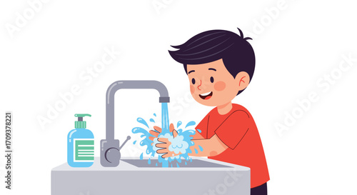 A happy child washes their hands with soap and water under a running faucet to practice good hygiene and stay healthy.