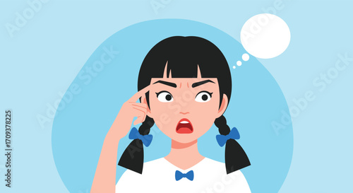 A young girl with pigtails is thinking hard about a difficult problem.