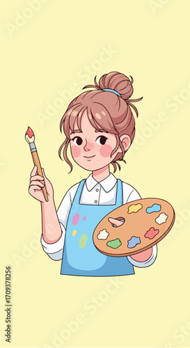 Cute Cartoon Artist Holding Paintbrush and Palette.