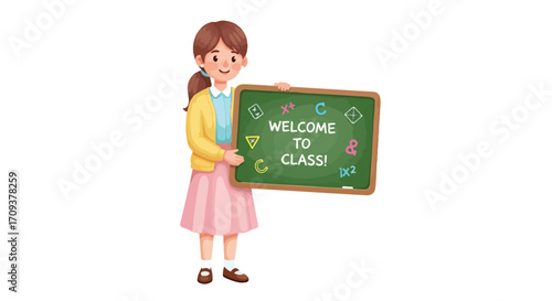 Friendly Female Teacher Holding a Welcome to Class Chalkboard.