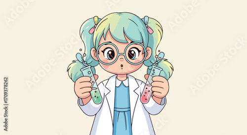 Cartoon Girl Scientist with Test Tubes.