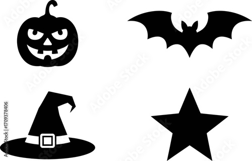 Spooky Halloween icons: Jack-o'-lantern, bat, witch hat, and star in black silhouette