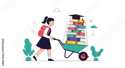 A young student pushes a wheelbarrow filled with many books and a graduation cap on top.