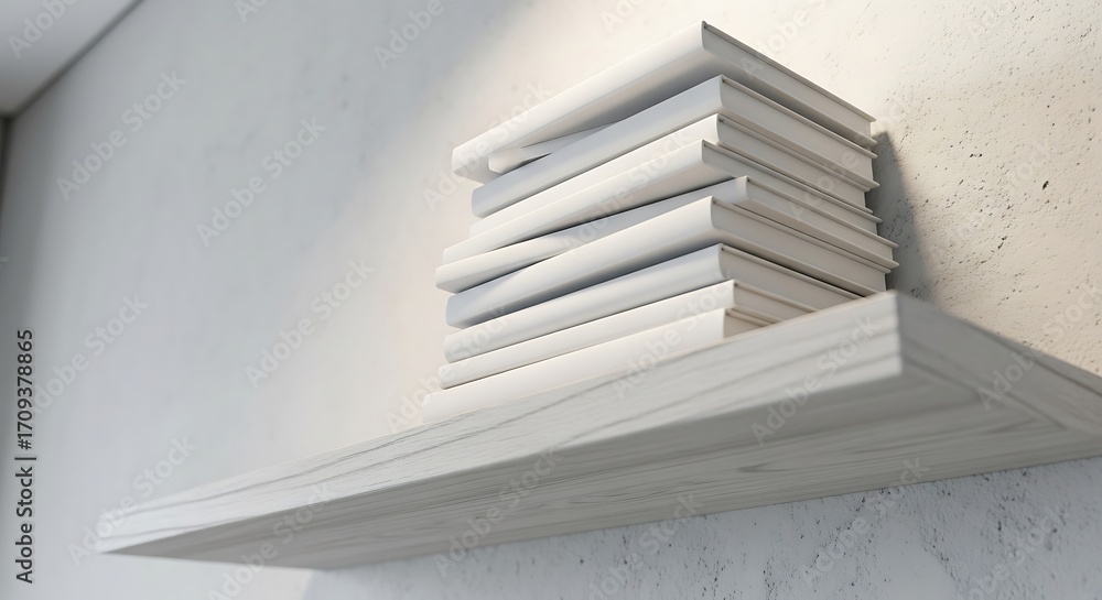 Obraz premium Stack of Blank White Books on Minimalist Wooden Shelf against Textured White Wall