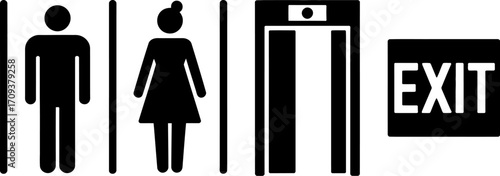 Icons for restroom, elevator, and exit signs, symbolizing direction and facilities