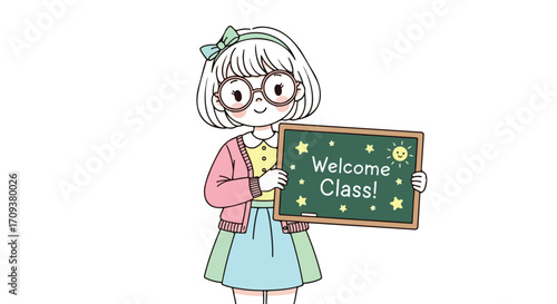 Cute Girl Holding Welcome Sign.