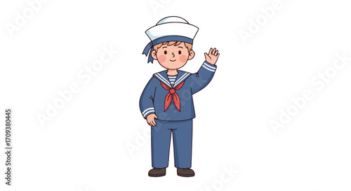 Cute Sailor Boy Waving Child in Nautical Costume.
