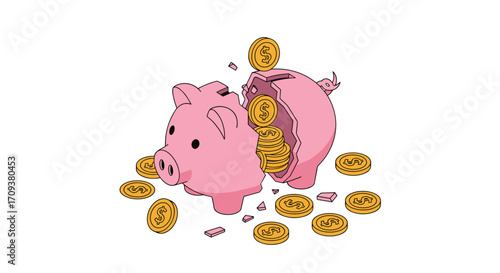 Broken piggy bank spilling coins symbolizing financial loss and unexpected expenses.