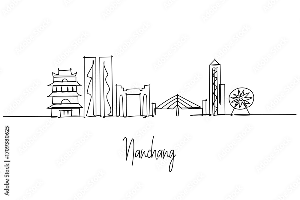 Obraz premium Minimalist single line drawing of Nanchang skyline with towers, bridges and cultural icons, ideal for travel posters, architecture designs and artistic cityscape representation in linear style.